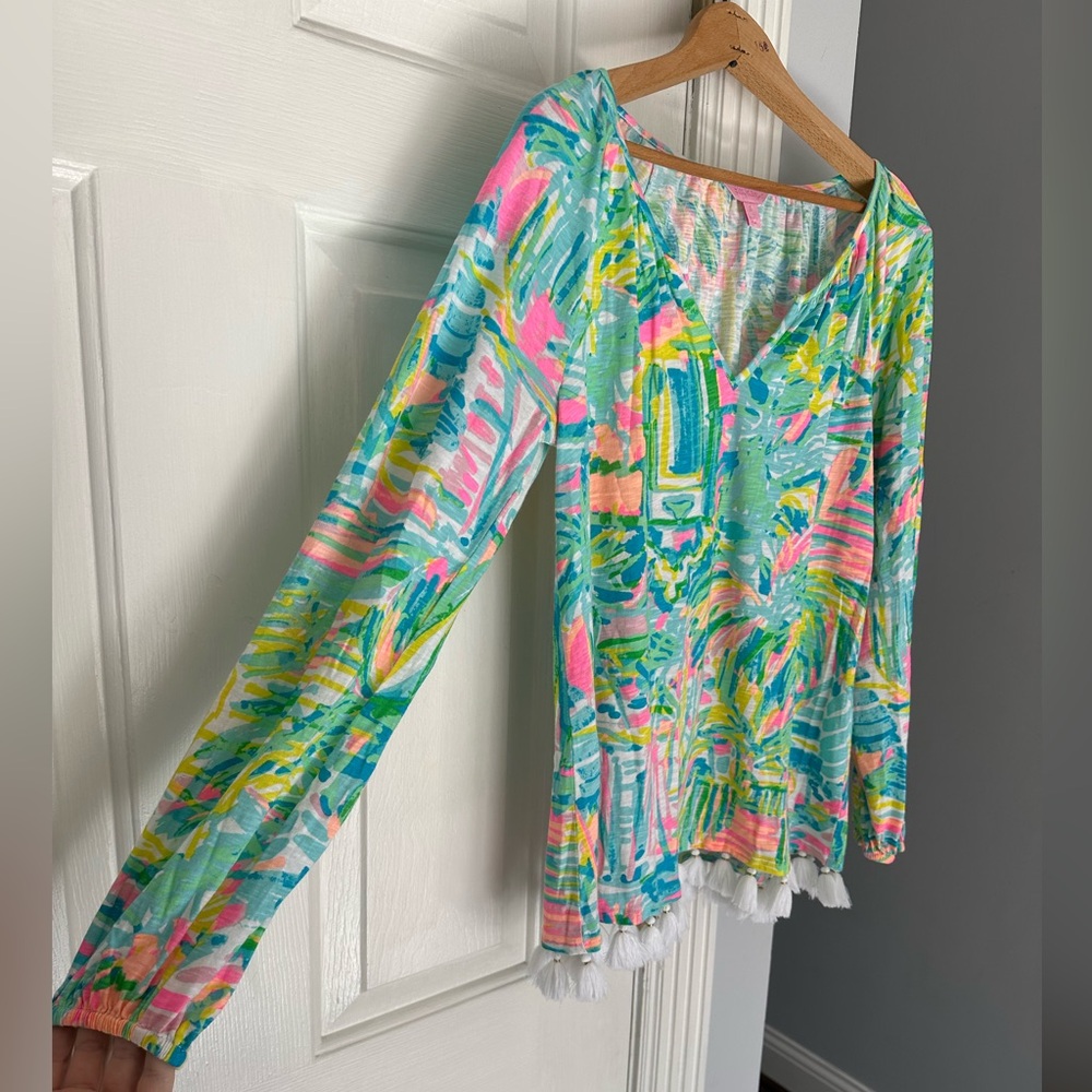 EUC Lilly Pulitzer Linzy Top In Multi Sea Salt And Sun Sz Small with Tassels - Picture 3 of 9